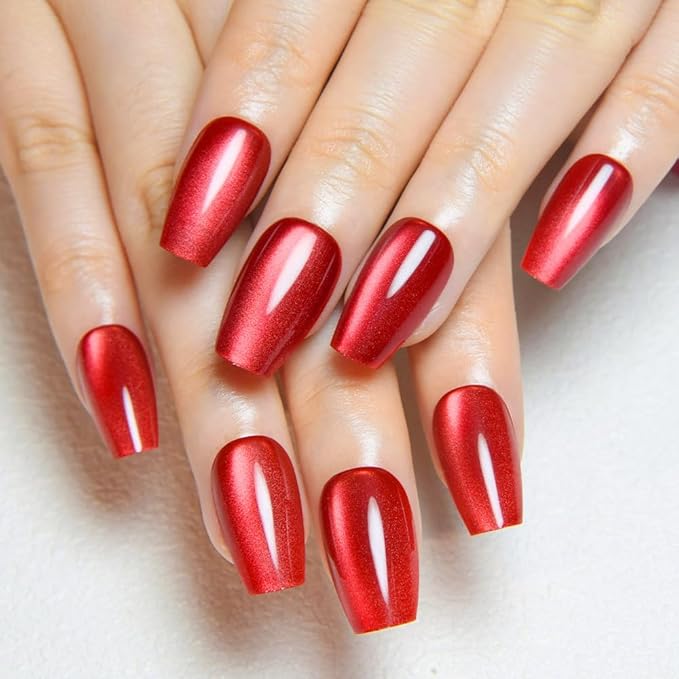 evpct Red Cat Eye Press on Nails Square Medium Coffin, Medium Square Stick on Nails for Women Gift, Red Metallic Glitter Glossy Reusable Spring Summer Soft Gel Press on Acrylic Fake Nail with Designs