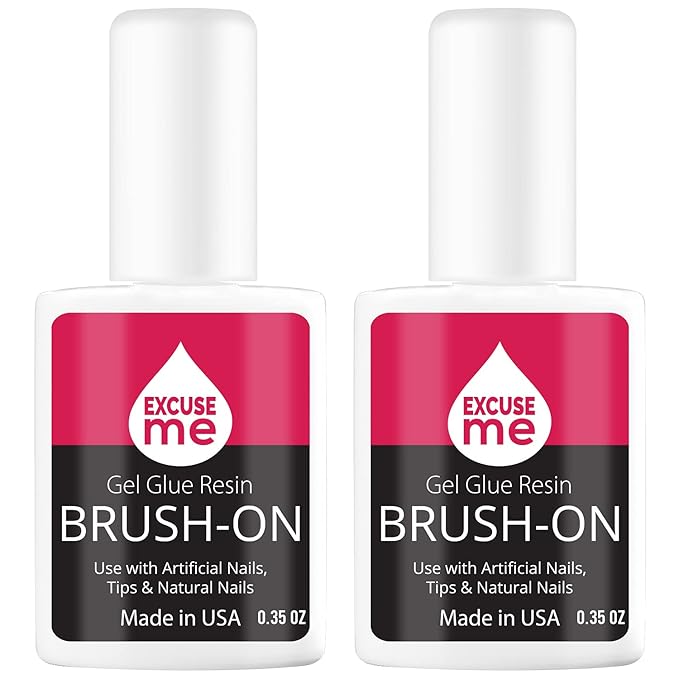 Excuse Me Brush On Gel Super Strong Nail Glue Adhesive for Repairs and Strengthening Natural Nails, Silk Wrap, Fiberglass, Rhinestones. Easy Application with a Brush 0.35 oz (2 Pieces)