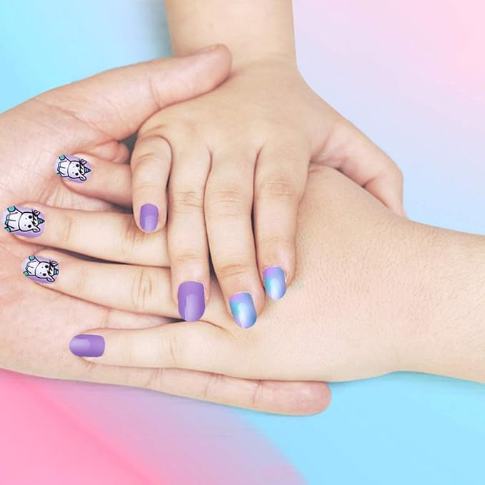 Allstarry 120pcs 5 pack Children Nails Press on Pre-glue Full Cover Glitter Gradient Color Rainbow Short False Nail Kits Lovely Gift for Children Little Girls Nail Art Decoration - Unicorn & Rainbow