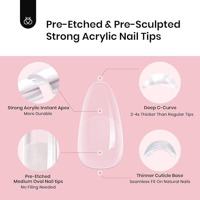 Beetles Tipex Instant Apex Nail Tips, 512Pcs Medium Oval Almond Pre-building Pre-Sculpted Pre-etched Acrylic Nail Tips Full Cover Press-on False Nail Extension