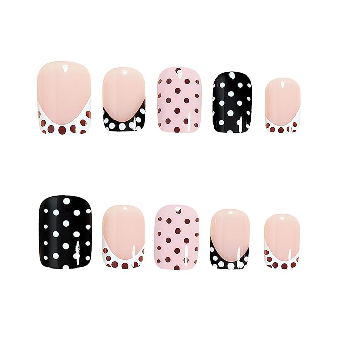 Polka Dot Press on Nails Short Square Fake Nails French Tip False Nails Cute Polka French Acrylic Nail Glossy Full Cover Glue Stick on Nail for Women Manicure 24Pcs