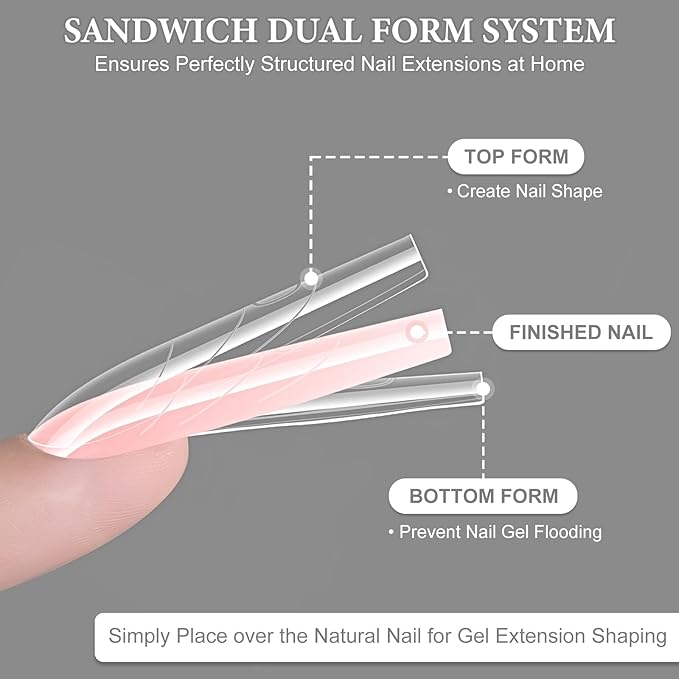 180Pcs Sandwich Polygel Nail Form Kit 15 Sizes Reusable Coffin Nail Extension Mold Builder Gel Dual Forms with Tools for Beginners, No Paper Forms Needed