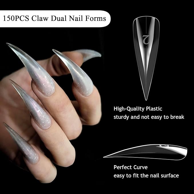 Cat Claw Nail Forms Kit, 150 PCS Long Claw Dual Forms for Polygel, Reusable Eagle Claw Nail Extension Molds with Nail Brush, Halloween Stiletto Nail Tips for Professional Manicure Salon