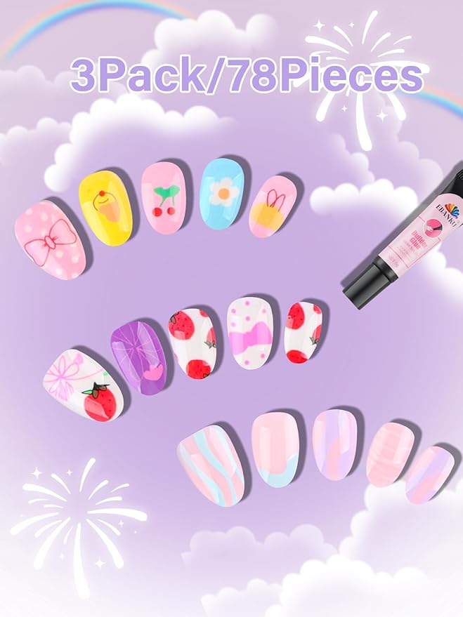 78PCS Kid Press on Nails, EBANKU 3 Pack Children Fake Nail Kit Full Cover Short False Fingernails with Nail Glue for Girl Nail Decoration (Bow Tie Strawberries)