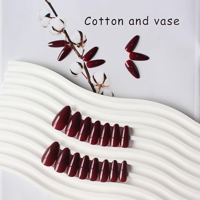 Burgundy Red Press on Nails Almond Shaped Medium Almond Nails Press on Neutral Acrylic Fake Nail for Women Reusable Glue on Nails Medium Length Stiletto False Nail
