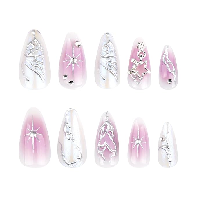 Almond Press on Nails Medium Length Fake Nails with 3D Butterfly Designs Purple Gradient False Nails Full Cover Glue on Nails Sliver Stripe Fake Nails for Women and Girls 24Pcs