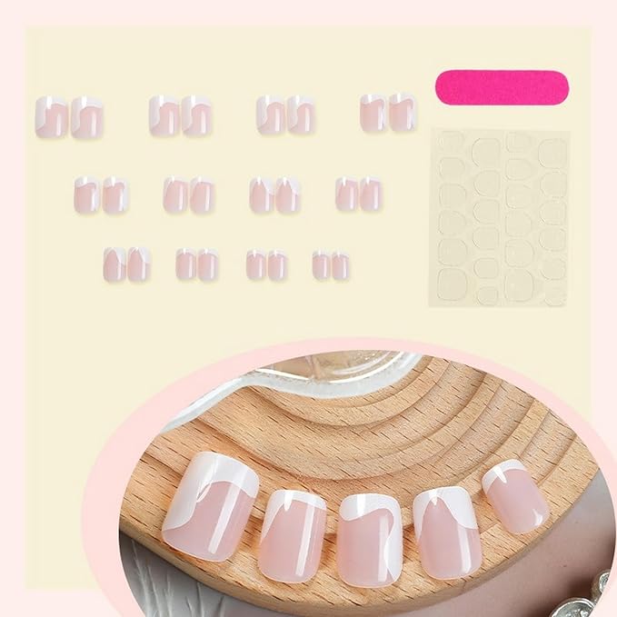 White French Tip Press on Nails Short Square MABKJLF Nude Fake Nails False Nails with Irregular Curve Line Designs Glossy Glue on Nails Acrylic Nails for Women Girls 24Pcs