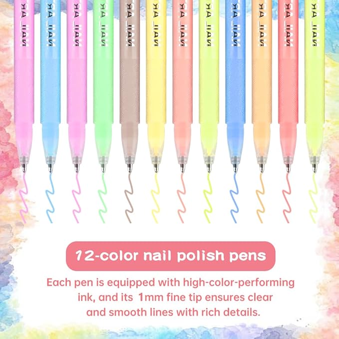 12 Colors Nail Art Pens Set, Nail Polish Pens Quick Dry Na il Polish Markers for DIY Na il Art Design, Acrylic Painting & Dotting, Manicure Tools for Beginners & Professionals