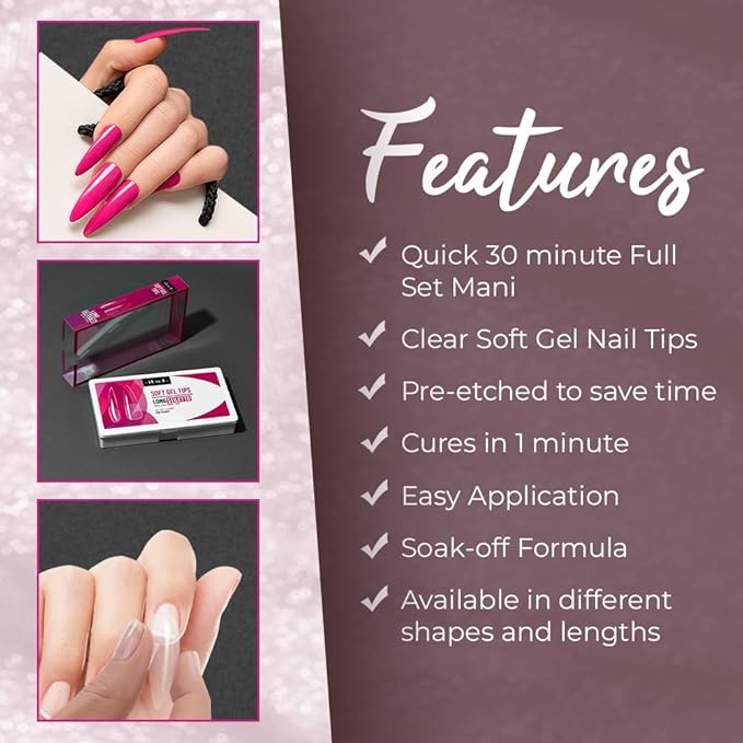 IBD Clear Soft Gel Nail Tips - Long Stiletto Shape, Pre-Etched Fake Nail Extensions for Durable, Lightweight Application, Acrylic Press On Nails, 504 Tips, 1-Pack