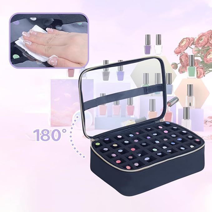 Small Clear Nail Polish Organizer Case Holds 40 Bottles(15ml-0.5fl.oz) Multifunctional Nail Polish Bag, Cosmetic Travel Makeup Bags for Women, Black