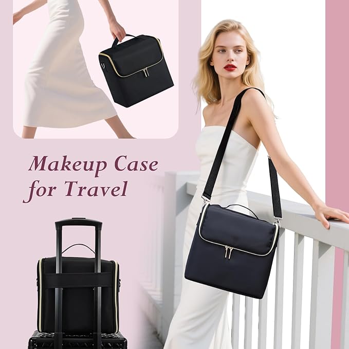Large Travel Makeup Train Case, Big Makeup Bag Organizer Makeup Box,4 Tier Professional Cosmetic Storage Cases for Nail Tech Tattoo Storage Bag for Equipment and Supplies with luggage Sleeve