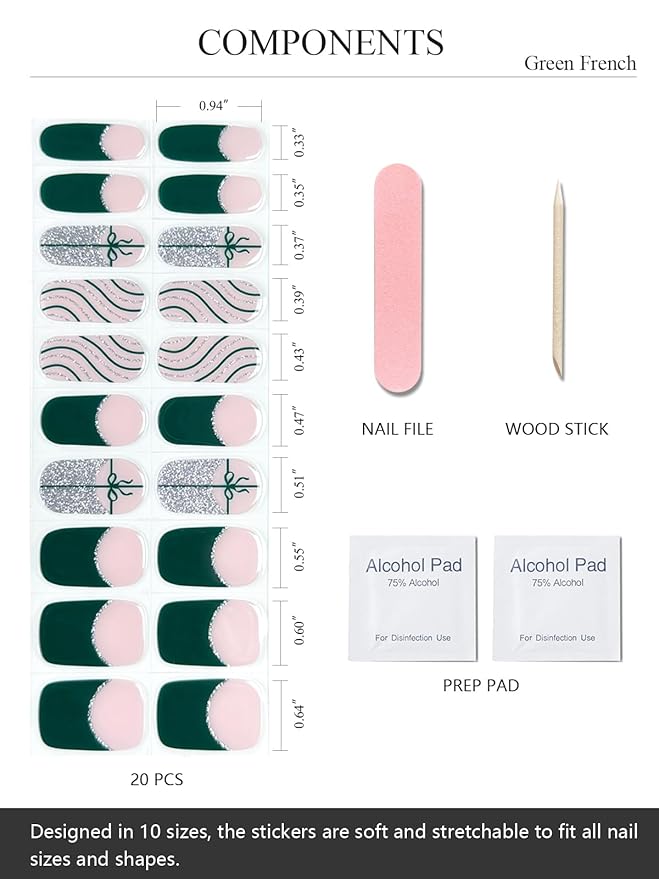 Semi Cured Gel Nail Strips (Green French), Christmas Silver Glitter, Bow, 20 Pcs Gel Nail Wraps, Stickers, Salon Quality, Works with Any UV Lamps