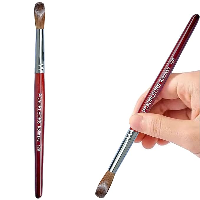 Acrylic Nail Brush with Pure Kolinsky Sable Hair and Red Wood Hand, Round/Flat Professional Gel Brush for Acrylic Power and Nail Extension Size #8,10,12 (#12)