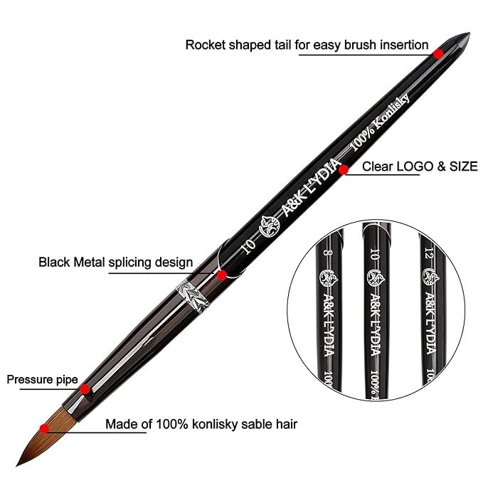 A&K L'YDIA Acylic Nail Brush-2pcs Pure Konlisky Sable hair Crimped Oval Nail Art Brush Black Metal handle with Nail Files for Professional acrylic Application Manicure Crystal Powder Pedicure