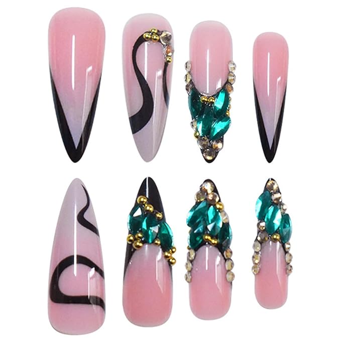 Long Press on Nails Stiletto Fake Nails French False Nails Pink Artificial Nails with Green Rhinestones Designs Sparkly Acrylic Nails Press ons Cute Stick on Nails for Women 24pcs
