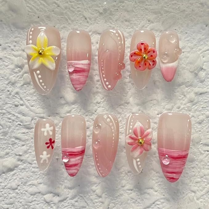 Handmade 3D French Art Press On Nails for Women - Reusable Medium Almond False Nails, 10PCS ABS Artificial Fingernails with Nail Tip Design for Salon & Home Use Size L