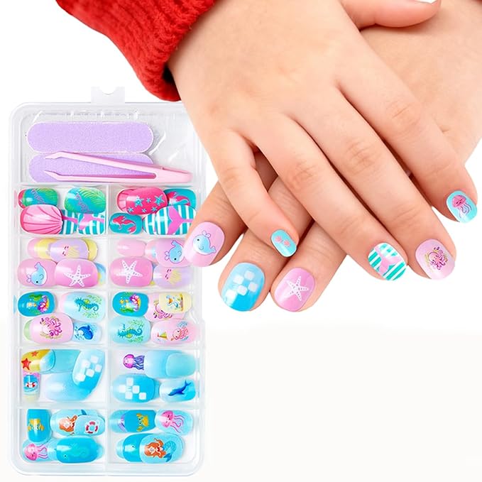 120Pcs 10 Packs Cute Short Press on Nails for Girls 5 Styles 12 Sizes Press on Nails for Kids Press ons with Jellyfish Whale Mermaid Dolphin Octopus Starfish Designs for Little Girl Gift DIY Manicure