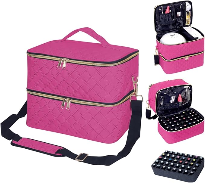 Nail Polish Organizer Case Holds 40 Bottles(15ml/0.5fl.oz) and Nail Lamp, Double Layer Nail Polish Storage with Adjustable Dividers,Portable Carrying Bag for Nail Kit, Manicure Tools Rose Red