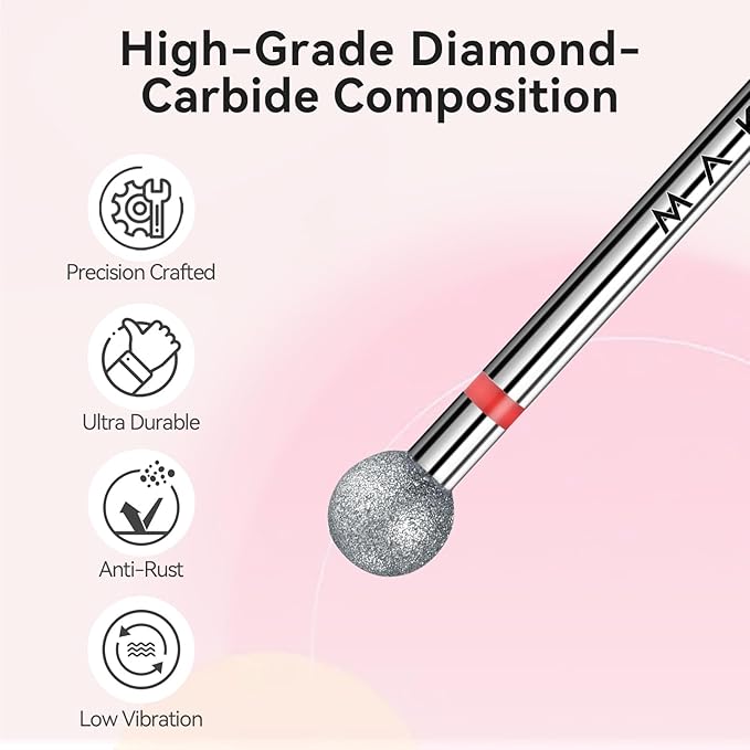 Makartt Nail Drill Bit - Ball Shape Cuticle Clean 3/32'', Safety Carbide Diamond Professional Nail Bit Nail Cleaner for Dead Skin Nail Prepare Two Way Rotate Manicure Nail Salon Supplies (Fine - F)