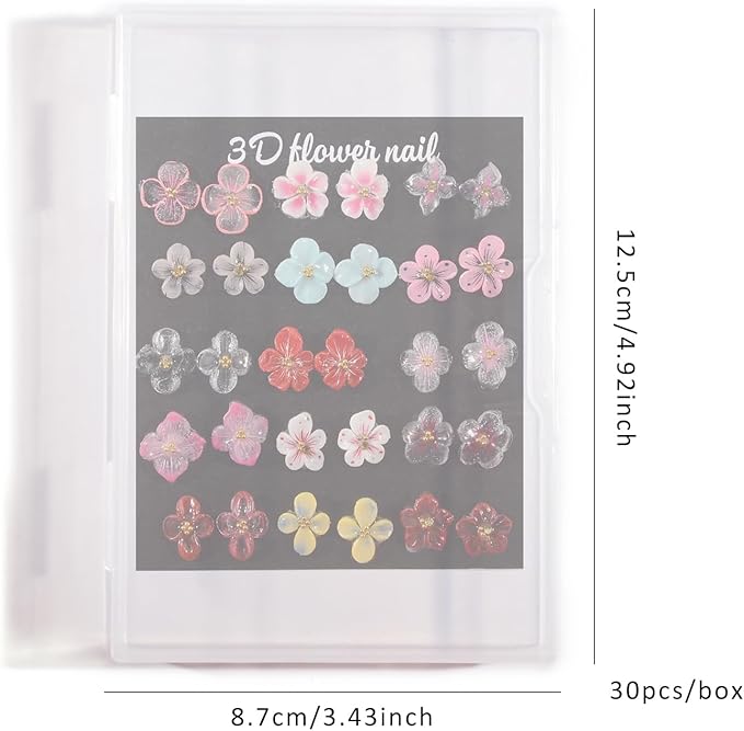 30PCS 3D Handmade Flower Nail Art Charms Advanced Handcrafted Cherry Blossom Flower Colorful Sculpted Floral Nails with Rhinestone Caviar Beads Design for Women Profession Nail Art Craft Jewelry