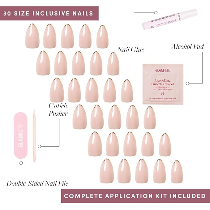 Glamnetic Press On Nails - Gold Standard | Semi-transparent, Glossy Gold French Tip Nails, Salon Quality | 15 Sizes - 30 Nail Kit with Glue