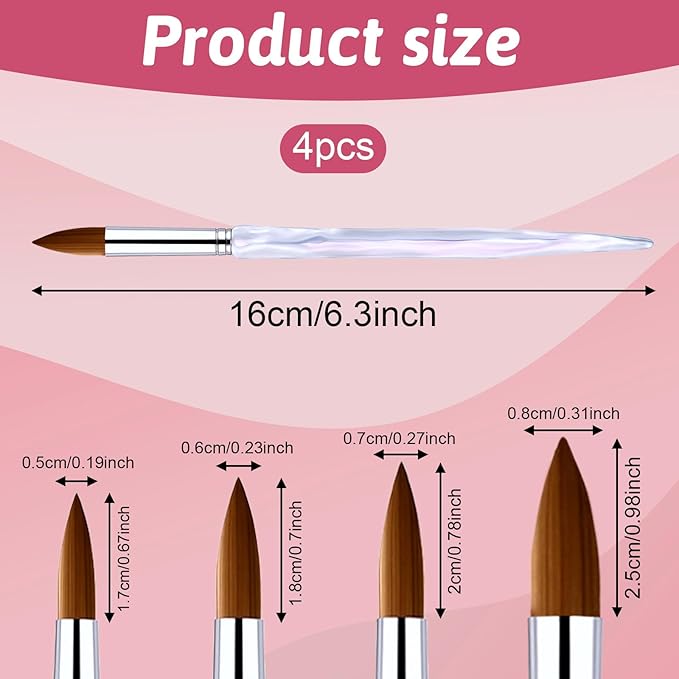 4Pcs Acrylic Nail Brush Set Size 8/10/12/16 Professional Nail Brushes for Nail Extension Nail Art Manicure Tool for Beginner & Professional