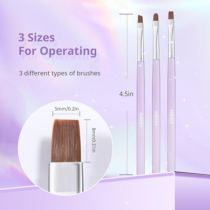 AIRSEE Nail Art Clean Up Brushes, 3 PCS Flat/Oval/Fine Angled Gel Nail Brush for Cleaning Polish Mistake on the Cuticles, Painting Brushes, Art Design DIY Tools, Purple