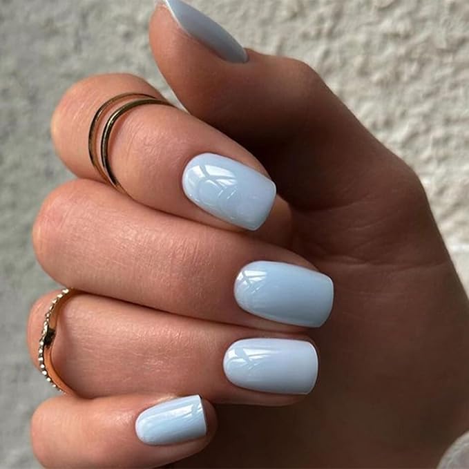 Modelones 32Pcs Baby Blue Press on Nails, Short Square Fake Nails, Reusable Nail Kit with Nail Glue Adhesive Tabs Mini Nail File, Nails Press Ons 16 Sizes, Women Girl Gift