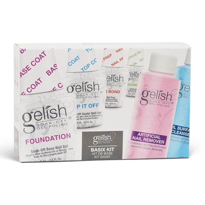 Gelish MINI Complete Basix Kit - Gel Nail Polish Prep Essentials Starter Kit with Foundation, pH Bond, Top It Off, Nourish, Nail Remover & Cleanser - Long-Lasting Salon-Quality Manicure at Home.