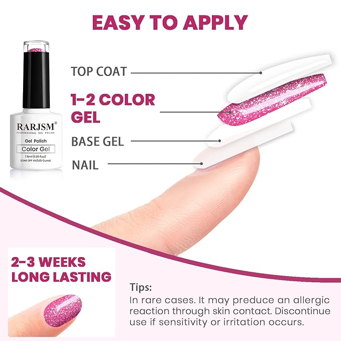 RARJSM Reflective Glitter Gel Nail Polish Sparkling Diamond Neon Pink Gel Polish Holographic Iridescent Shimmer L E D U V Soak Off Sparkle Hot Pink Gel Polish Nail Art Manicure Salon DIY at Home