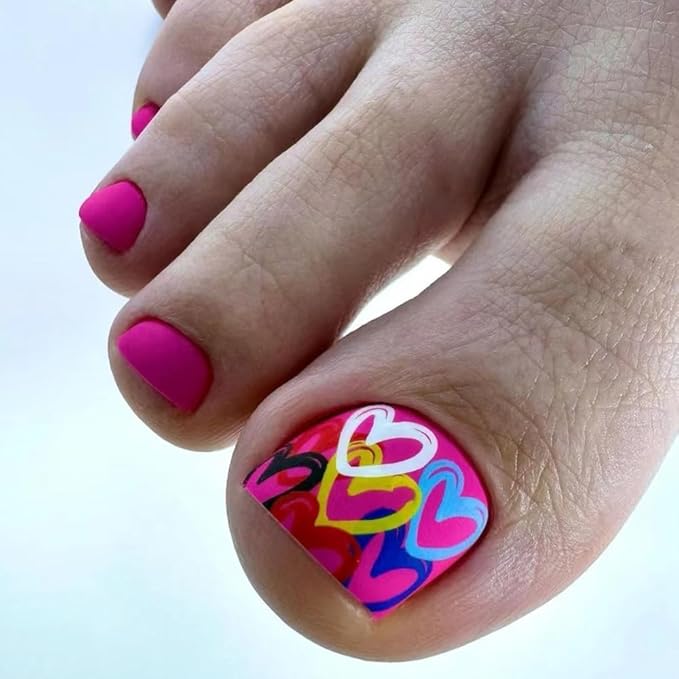 24Pcs Pink Heart Press on Toenails Short Square Fake Toe Nails with Colorful Love Hearts Valentines Acrylic Artificial Full Cover False Stick on Toenails for Women Decoration 24Pcs