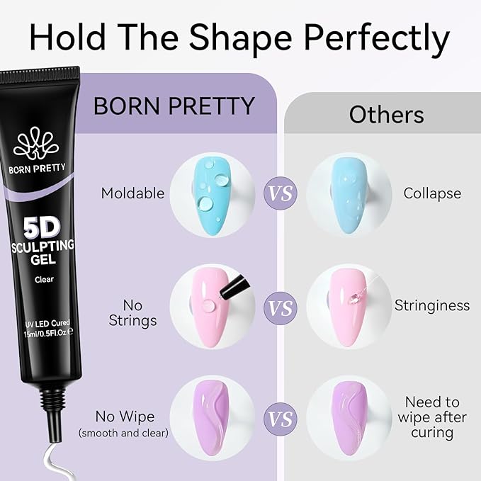 BORN PRETTY 5D Gel Nail Art,15ML Sculpting Gel Glue for Molding,Drawing,Sculpture,Gems and Decoration Nail Art Rhinestone Glue U V Light Cured No Wipe Nail Polish Salon & DIY Use for Women