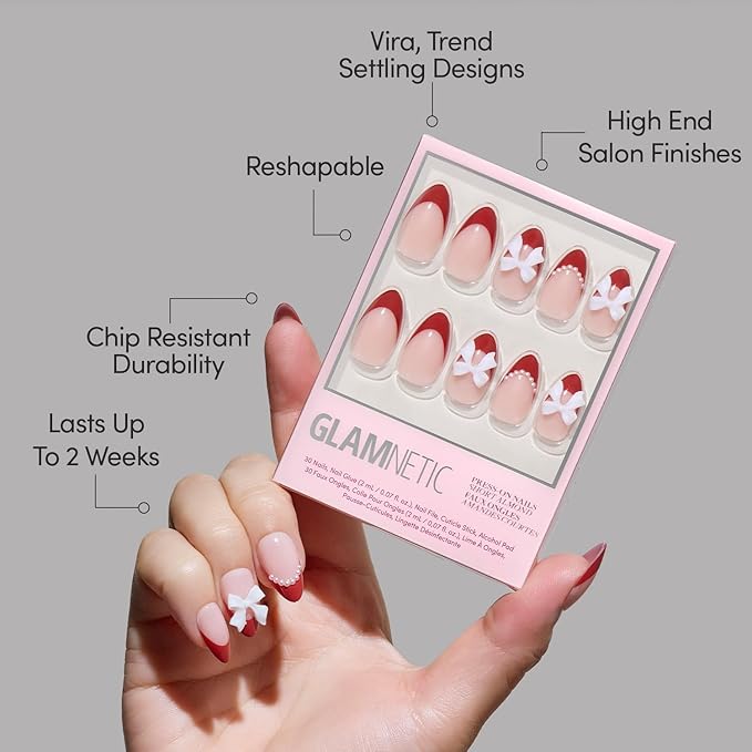 Valentines Day Glamnetic Press On Nails - Ruby Ribbons | Short Almond Fake Nails with Red French Tips & 3D Bows in a Glossy Finish, Salon Quality | 15 Sizes - 30 Nail Kit with Glue