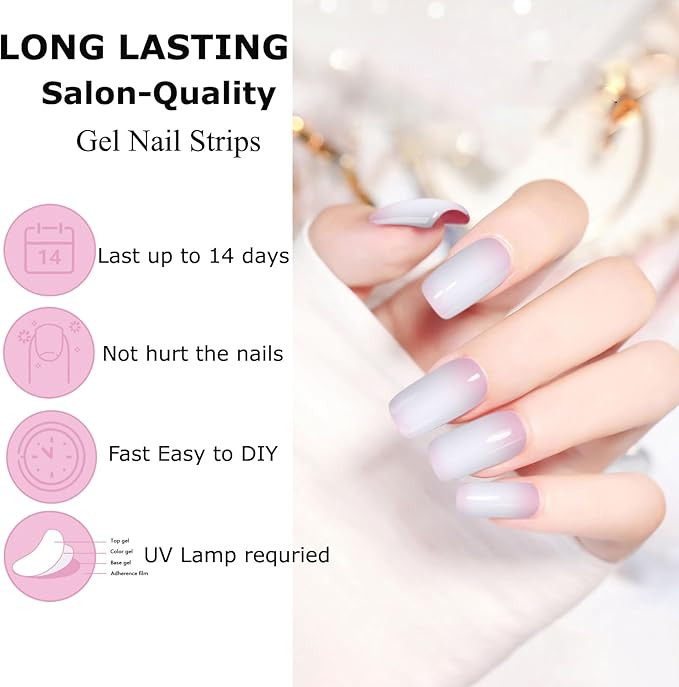 Semi Cured Gel Nail Strips,28 Pcs French Nail Stickers,Long Lasting Gel Strips with UV Light Rquried,Nail Art Stickers Easy to Apply（Clear）