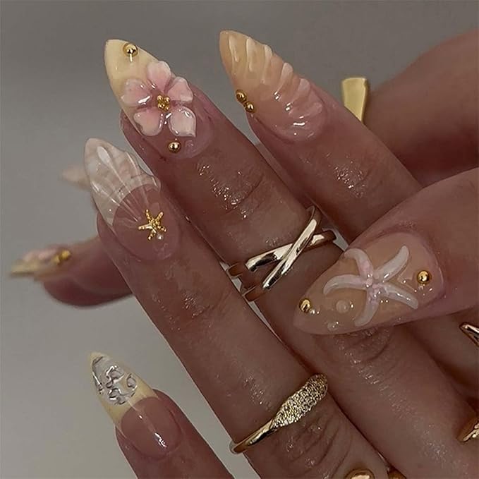 Summer Press on Nails Medium Almond Fake Nails Beach Nails Press ons with Flower,Starfish Design Full Cover Stick on Nails for Women Manicure,Reusable | Nail Sticky Tabs | Easy Apply | 24Pcs