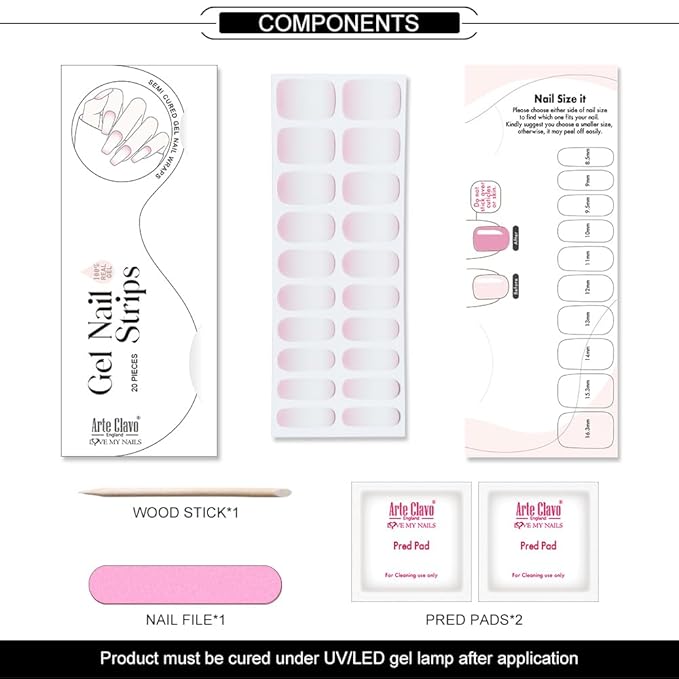 Arte Clavo Semi Cured Gel Nail Strips, 20 Pcs Gel Nail Stickers with UV Light Required, Salon Quality, Long Lasting, Easy Apply and Remove (White and Pink Gradient)