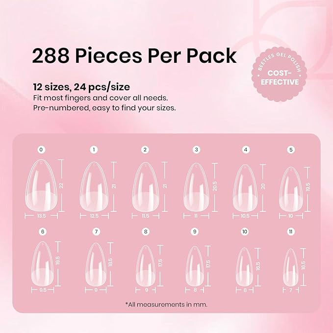 Beetles Gel Nail Tips Almond,288 pcs 12 Sizes Short Almond False Nail Tips Half Matte Full Cover Acrylic Gel Nail Tips Press On Nail Extensions for Women