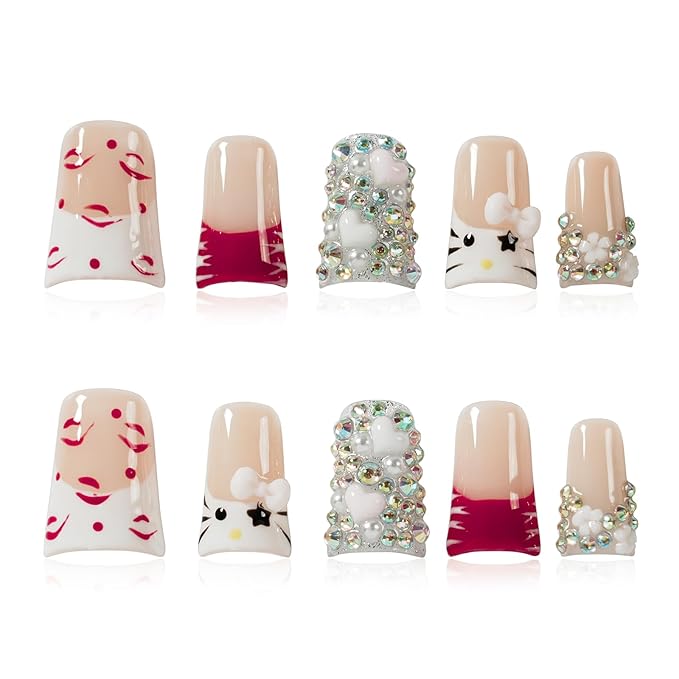 Handmade Press on Nails Short Duck Kawaii Red French Tips, 3D White Bow & Heart Charms, Luxury Bling Rhinestone False Nails, Reusable Full Cover for Nail Art (Cute Kitty Sweet Glam,L)