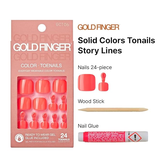 GoldFinger Press On Toenails Kit, High Pigment Orange Red Light Color Fake Toenail, Ready to Wear Gel & Manicure Stick, Mini Glue included, Long-Lasting Convenient & Easy to Apply