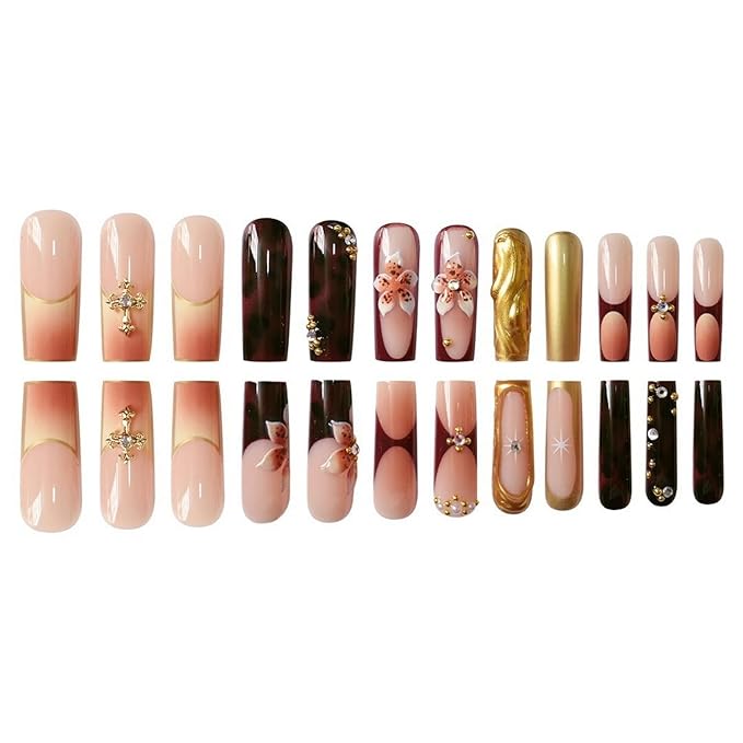 Long Square Press on Nails MABKJLF 3D Gold Curve Line Nails Floral Fake Nails French Tip False Nails with Rhinestones Leopard Print Designs Glossy Glue on Nails for Women Girls 24Pcs