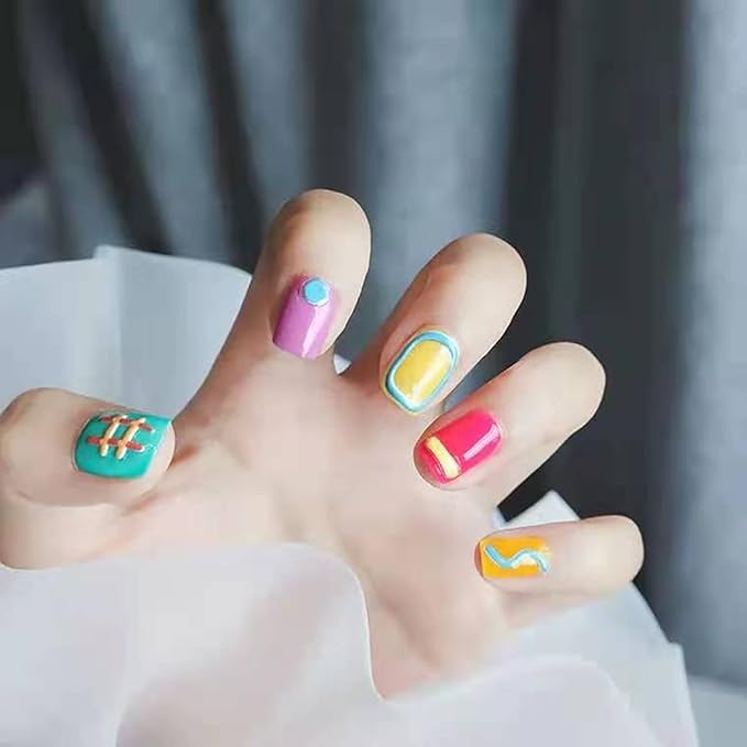 Color Line 5D Stereoscopic Embossed Nail Art Sticker Decal Simple Cute Line Nail Art Sticker Color Graffiti Symbol Pre-Installed Adhesive for Nail Art DIY Design (2 Sheets) + Multifunctional Nail Tweezer (1 Pcs)