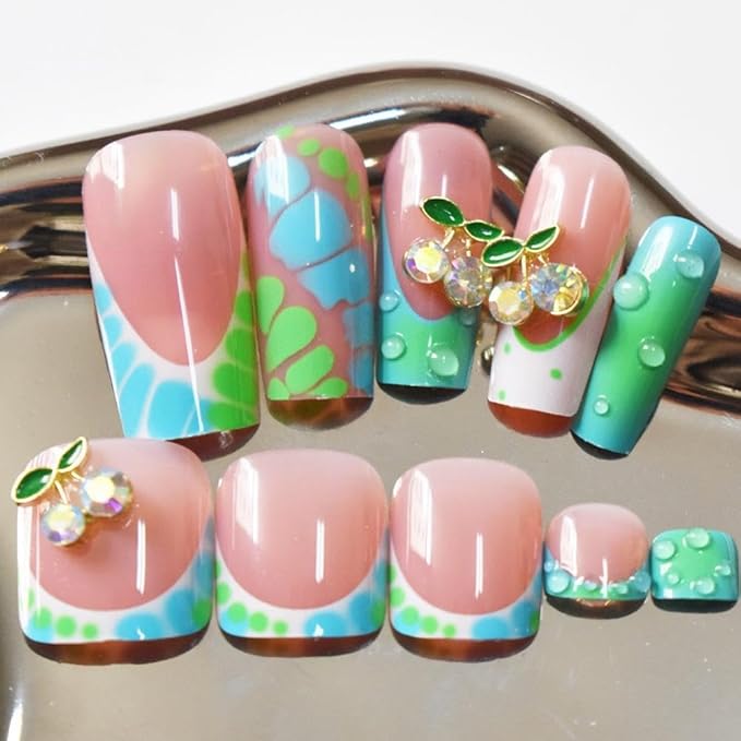 48Pcs Ombre Green French Tips Press on Toenails Long Square Press on Nails Gradient Blue False Nails with 3D Cherry Charm Design Glossy Skin Tones Summer Fake Toenails Kit for Women Girls Manicure