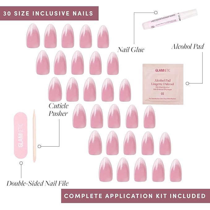 Valentines Day Glamnetic Press On Nails - Lovers Blush | Opaque, Glossy Velvet Pink Nails, Salon Quality | 15 Sizes - 30 Nail Kit with Glue