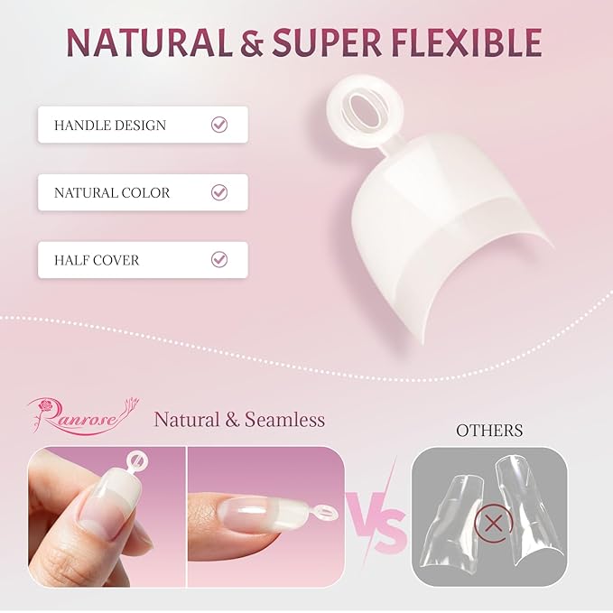 Ranrose 600pcs Short Nail Tips- Oval Half Cover False Tips 12 Sizes French Acrylic Nails for DIY Nail Salon