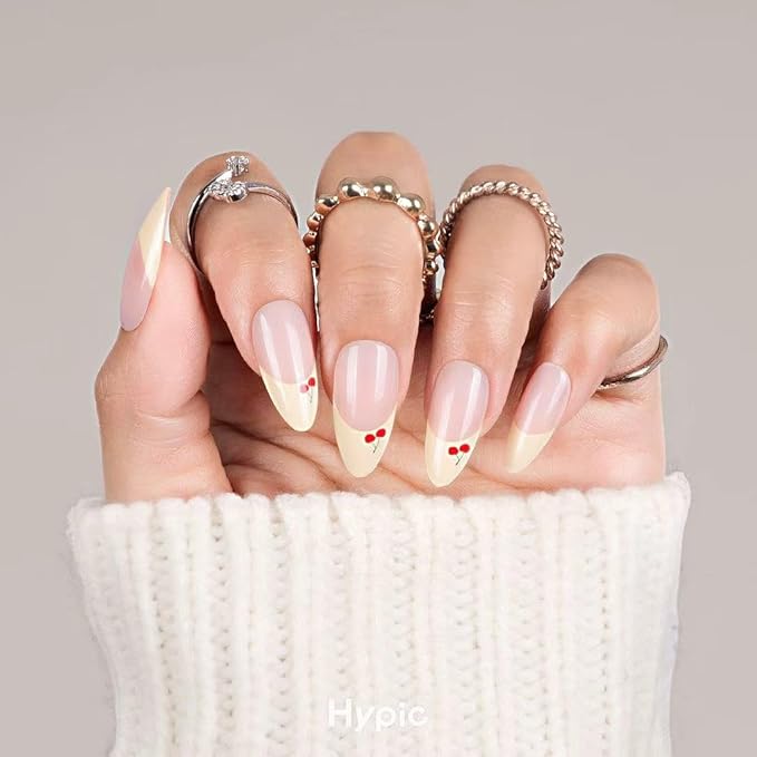 30Pcs Almond Press On Nails - Supremely Fit & Natural Soft Gel Almond Nails,15 Sizes, Reusable Fake Nails Kit with Gift Box for Women (French Yellow)