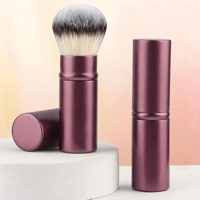 WOKOTO 2 PCS 2-in-1 Retractable Brushes - Nail Art Dust Remover for Acrylic Nails, Round & Angled Makeup Brushes for Foundation & Cream, Burgundy Handle Dust Brush, Travel-Friendly Aluminum Tube