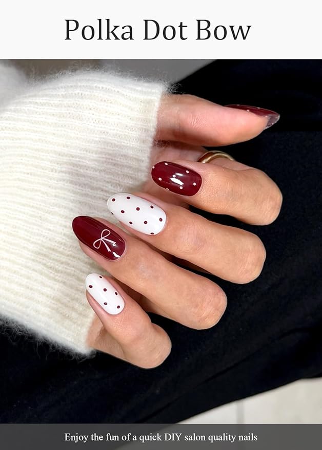 Semi Cured Gel Nail Strips (Polka Dot Bow), Valentine's Day, 20 Pcs Gel Nail Wraps, Stickers, Works with Any UV Lamps
