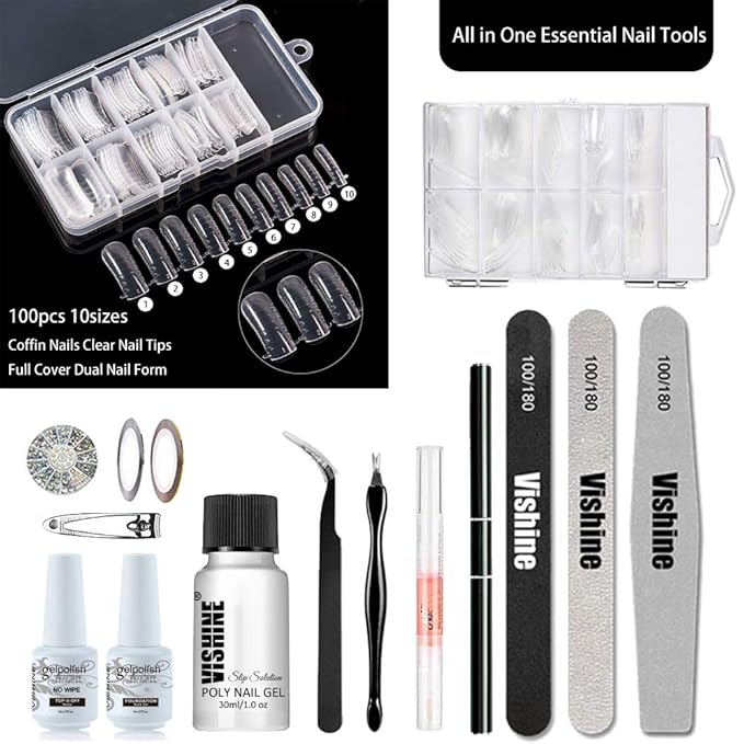 Vishine Poly Nail Extension Gel Kit - 8 Colors, 48W LED UV Lamp, Builder Gel, Slip Solution, Base Top Coat, Rhinestone Nail Manicure Beginner Starter Kit
