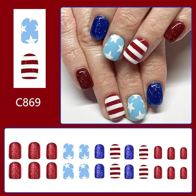 Independence Day Press on Nails Short Square False Nails with Star Designs Striped Fake Nails Glossy Red Blue Acrylic Nail Full Cover 4th of July Stick on Nail for Women Girls Manicure 24Pcs