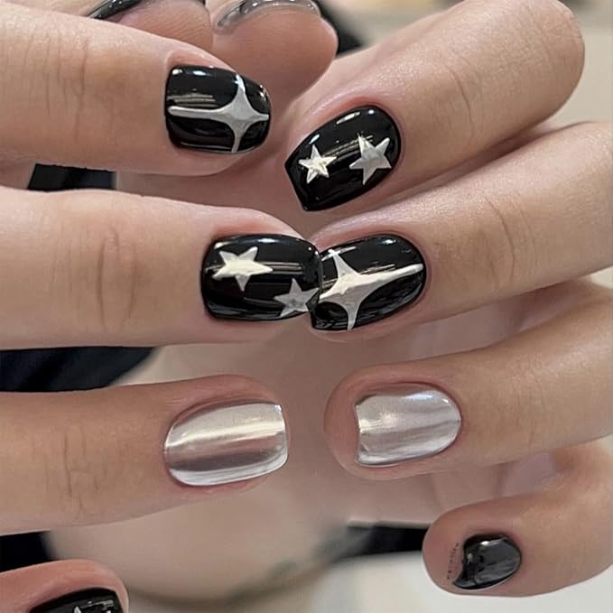Star Press on Nails Short Square Fake Nails Black Silver False Nails Press ons with Designs Cute Acrylic Nails Full Cover Glue on Nails Artificial Stick on Nails for Women Manicure 24Pcs